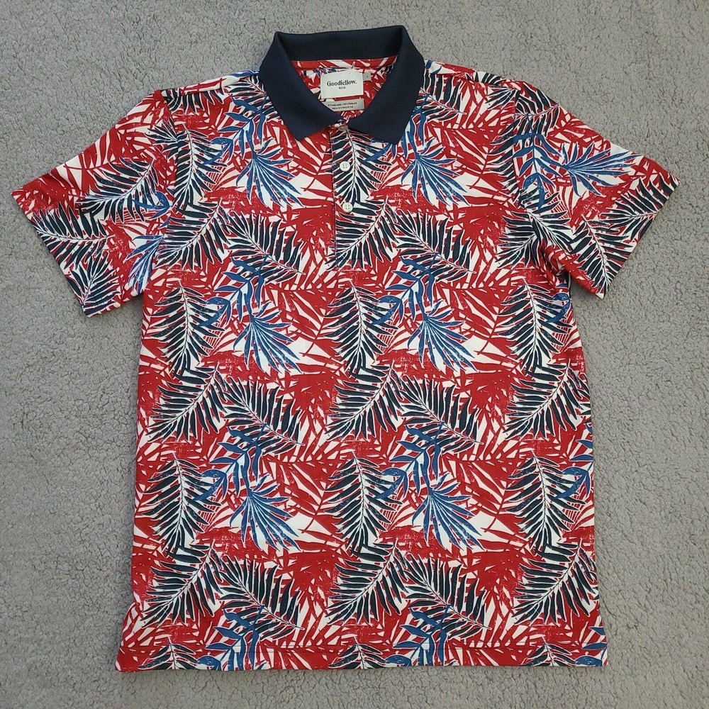 Goodfellow & Co Polo Shirt Mens Large Hawaiian Aloha Palm Floral Knit Collar